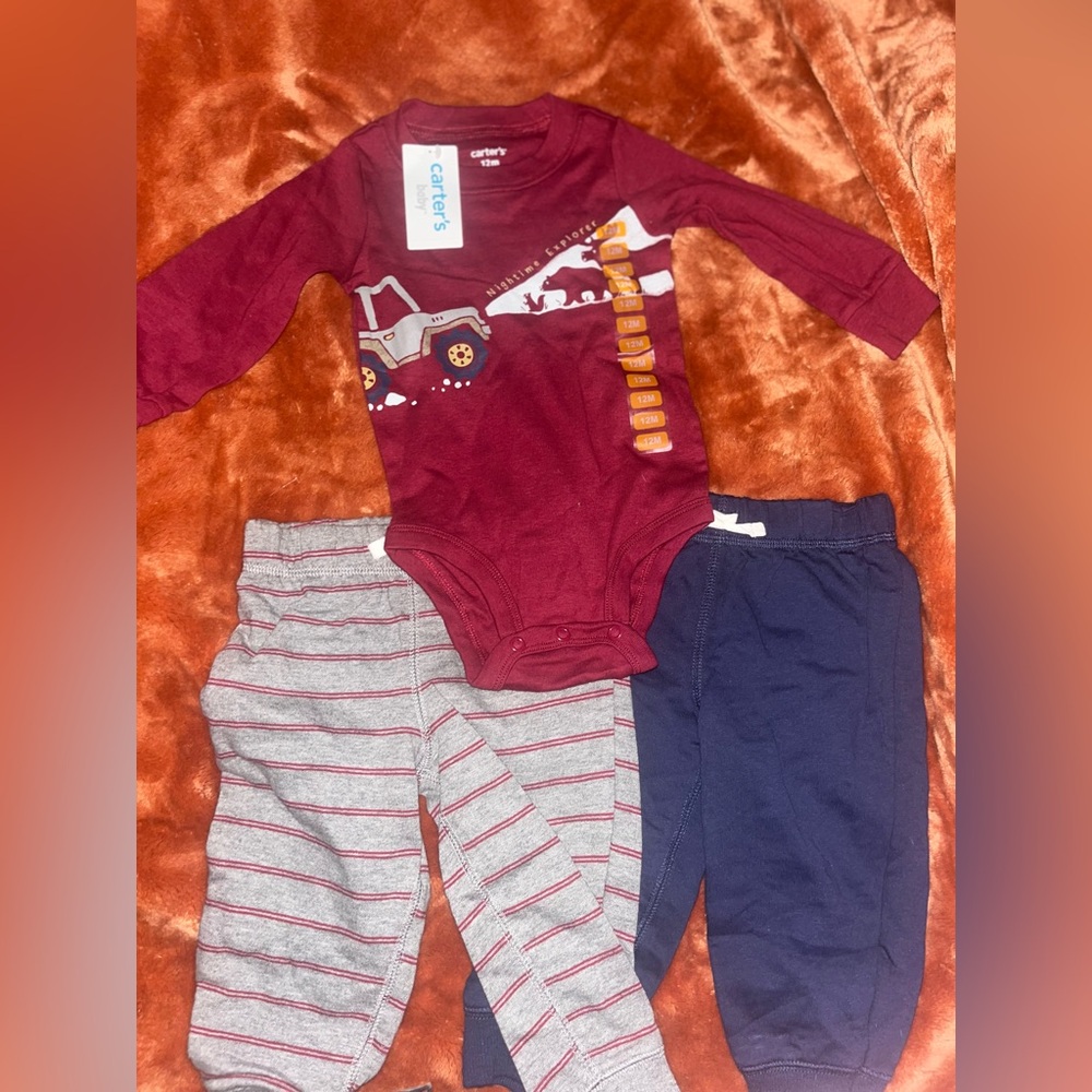 •Beep Beep• Carter's Maroon Bodysuit with Truck and Striped Pants Set